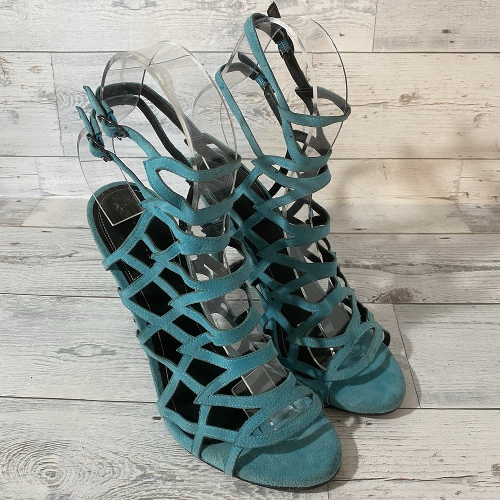 Kendall + Kylie Heels Womens 9 M Blue Elisa2 Strappy Leather Double Buckle Suede